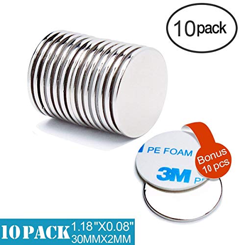 Imanes de disco de neodimio 10 piezas, Imanes de tierra rara súper fuertes con 10 piezas de Adhesivo de doble cara, para nevera, científica, manualidades, bricolaje(30 mm X 2 mm)