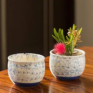 ExclusiveLane The Floral Shades Mughal Hand-Painted Ink Blue Ceramic Planters (Set of 2) - Planter Pot Ceramic Planter Box for Balcony Flower Pots for Garden Living Room Decorative Plant Bowls