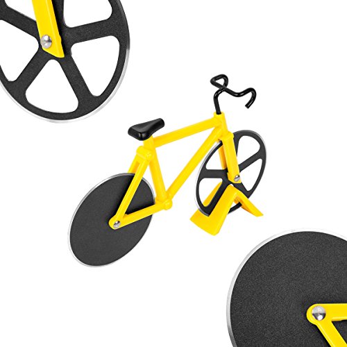 Duomishu Pizza Cutter Pizzaschneider Fahrrad Formen Sharp schwarz antihaften Klinge duale Schneiden Räder mit Ständer Küche und Haushalt Edelstahl-Werkzeug Räder Cutter (Yellow2) - 3