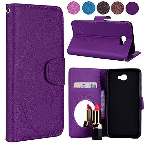 Samsung Galaxy J7 Prime Case, Samsung Galaxy J7 Prime Cover ,COZY HUT PU Leather Clear View Smart Cover Phone Case Samsung Galaxy J7 Prime Case Cover - [Book Case] [Purple] [Mirror Case] [Wallet Case] [Smart Case] [Stand Case] [Full Body Protection] [Front And Back Case] [Drop Resistance] [Scratch Resistant] [Shockproof] Case For Samsung Galaxy J7 Prime - Purple Embossed Butterfly