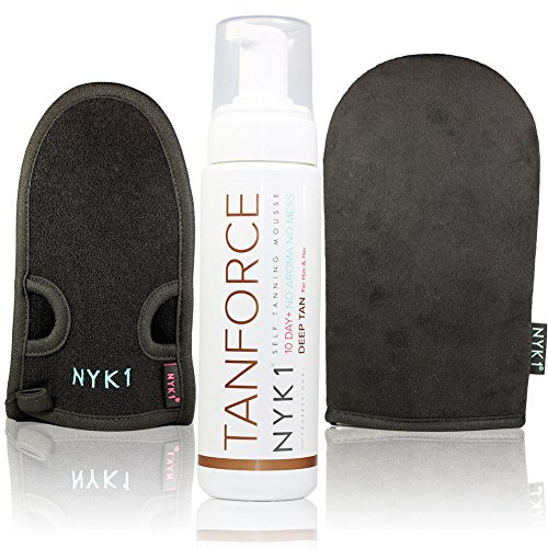 NYK1 Tanning Kit - TanForce, MegaMitt and ExfoliMitt VALUE PACK Invisible, Odourless Self-Tanning DEEP TAN Force Fake Developing Skinny Look Tan Tanning Mousse with Application and Exfoliating Mitts! COMPLETE KIT. The 1st BOYFRIEND Friendly Tan!