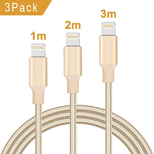 Quntis Lot de 3 Câble Lightning 1 2 3 M en Fibre de Nylon Tressé Résistant ?MFI Certifié Apple? Chargeur Original Charge Rapide pour iPhone XS Max XR X 8 7 6s 6 Plus 5 Se iPad Pro/Mini, Fil Or