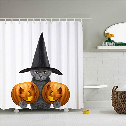 Black Hat Cat With Two Halloween Pumpkins Shower Cutains-Water, Soap, and Mildew resistant Machine Washable 12 Shower Hooks are Included 66 x 72