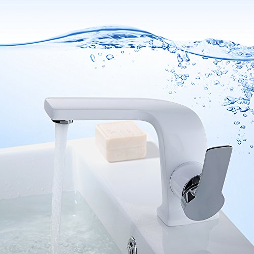 Homelody Weiss Lack Chrom Wasserhahn Einhebelmischer Badarmatur Waschtischarmatur Waschbeckenarmatur Armatur Bad Mischbatterie für Badzimmer - 2