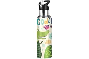 Mnsruu Cute Crocodile Funny Animals Water Bottle with Straw Drink Flask for Children Women Men,Stainless Steel Vacuum Drinks Bottles for Travel,School,Work,Outdoor,600 ml