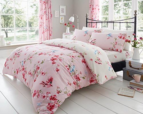 Duvet Cover Quilt Cover Set With Matching Pillow Case Bedding Set All Sizes Available (Birdie Blossom Pink, Double)