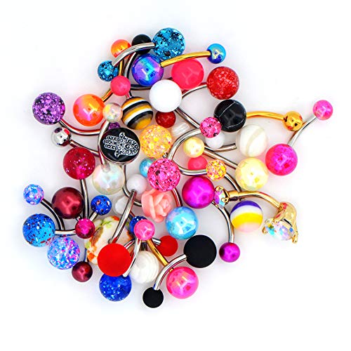 OUFER 30Pcs 14G 316L Edelstahl Belly Button Rings Different Design Navel Rings Body Piercing Jewellery (Random Colors/Zufällig)