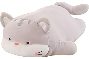 AMOZO Peluche de gato Kawaii lindo gato cojín de peluche juguetes de peluche suave gatito almohada decorativa regalos para niñas niños (gris)