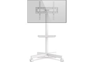 RFIVER Mobilny stojak na telewizor na kółkach do telewizorów LCD LED o przekątnej 27–60 cali, zakrzywiony ekran, do 40 kg, półka z regulacją wysokości, wózek na telewizor jako ruchomy przenośny stojak na telewizor, maks. VESA 400 x 400 mm, biały