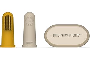 Matchstick Monkey Finger Toothbrushes with Carry Case, Designed for Teething Babies, Antimicrobial Protection, 3 Months +, Yellow & Beige