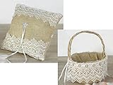 Juego cojín alianzas y cesta arras o pétalos en burlap con puntilla y detalles en strass