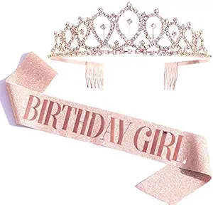 Party Propz Birthday Girl Sash and Crown for Decorations Items/ Birthday Gifts for Best Friend Girl/One Year, 2nd, 13th, 16th, 18th, 20th, 21st, 25th, Bday Girls Headband- Rose Gold