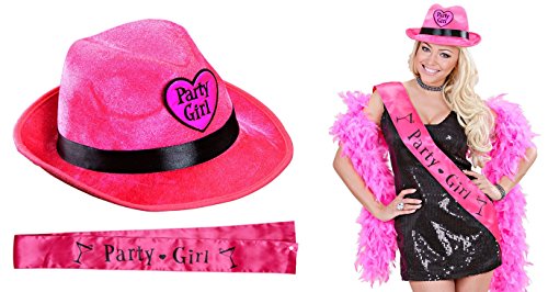 Mega_Jumble Hen Night Out Party Moulin Rouge Burlesque Show Girl Las Vegas Pink Velvet Fedora Hat Pink Feather Boa & Pink Party Girl Sash Girl Dance Pink Naughty Geek Nerd Retro Bachelorette Party