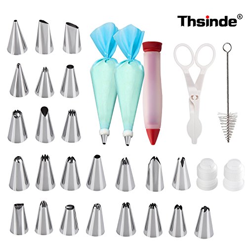 Thsinde Spritztüllen Set mit 30 Stücke Garniertülle 24 Spritzbeutel 1 Dekorieren Spritze für Pralinen, Plätzchen, Keksen, Kuchen und Torten Deko aus Edelstahl