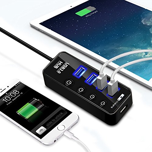 4 Port USB 3.0 Hub, ELEGIANT High Speed Switch USB 3.0 Datenhub 4 Port Hub Adapter Verteiler Datenübertragung Power mit mit 1 Ladeport(Max 2.4A) und 4 Schaltern 5Gbps Data Transfer Ports Splitter AC Power Adapter für Win7/8/10 PC Mac Macbook Laptop Notebook Windows MAC iPhone, iPad, Samsung, Motorola, HTC und andere USB 3.0 kompatiblen Geräten (mit Netzteil) - 3