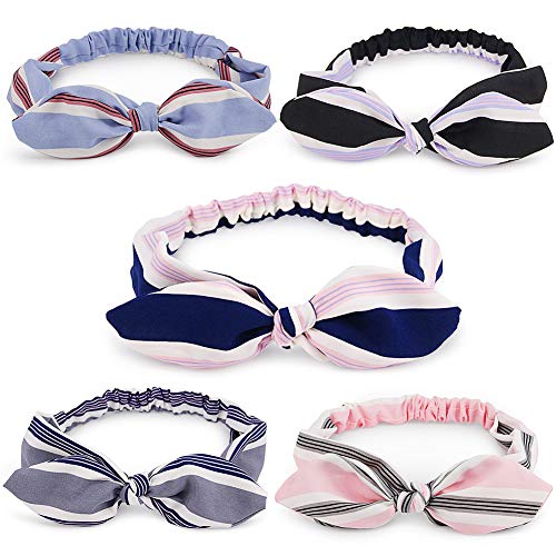 5 unidades de diademas de lazo para mujer con orejas de conejo, bandas elásticas de gasa con nudos a rayas