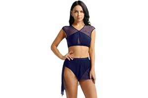 IEFIEL Asymétrique Robe de Danse Lyrique Ballet Femme Justaucorps Gymnastique Danse Classique Ensemble Haut et Jupe Patinage Robe de Soirée Danse Contemporain 2 Pièces