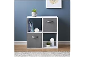 Homme Concept - 4 Cube Storage With 2 Baskets, Oak Effect Living Room Bookcase and Shelving Unit, Kids Bookcases, Free Standing Wooden Bookshelf Organiser