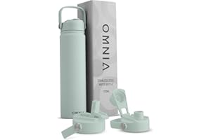 OMNIA Vacuum Insulated Stainless Steel Water Bottle, 2 Lids (Straw & Spout) Leakproof, BPA-Free, Reusable Flask, Hot & Cold Thermos for Sports, Gym, Travel, Outdoors (Cool Green, 750ML)