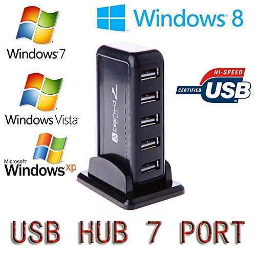 LS Premium USB2.0 HUB 7 Port mit Netzteil (5V, 1000mA) schwarz | USB HUB High Speed aktiv mit Stand und AC Adapter | 7 Port, schwarz