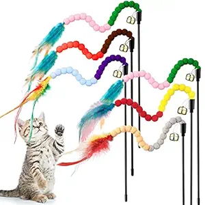 Qpets 6 Pcs Colorful Cat Toy Cat Wand Toys with Feather and Bell Safe Cat Catcher Teaser Stick Toy and Sounding Rainbow Wand Toys for Kittens Training Kitten Toys