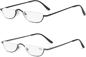KoKoBin 2 Paires Lunettes de Vue Lecture Demi Lune ，Lunette Pour Lire Mince Demi-Monture en métal, Printemps Charnières Lunette Femme et Homme (noir, gris)+3.5