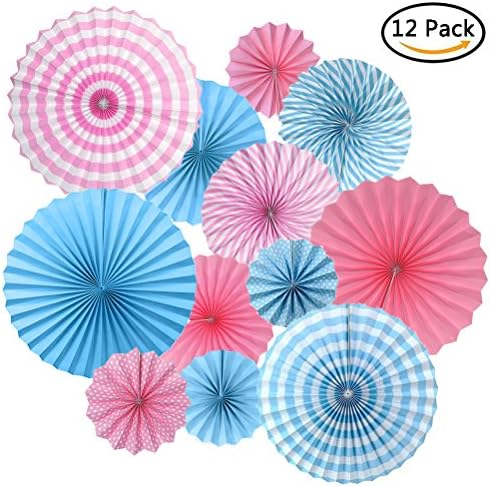 WANTING Pack of 12 Paper Fans Pink-Blue Girlhood Fiesta Decorations Hanging Tissue Paper Fan Set for Birthday Party Wedding Christmas Decor (Pink-Blue)