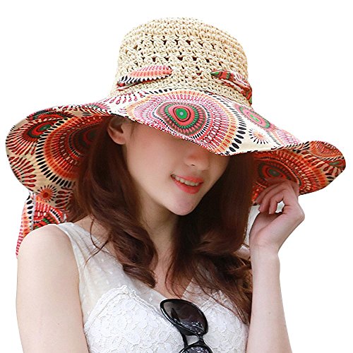 Fashion Vintage Colorful Sun Flower Totem Muster Breite Krempe Floppy Stroh Weave Hat Abschäumer Summer Sun Hat Strand Cap Big Hat für Frauen Mädchen Damen Orange Sun Flower + Khaki