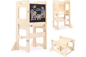 Labebe Montessori Torre per bambini, 3 in 1 pieghevole Torre didattica, Scala Sgabello per bambini con lavagna, Montessori Legno torretta per utensili da cucina a partire da 18 mesi (Legno)