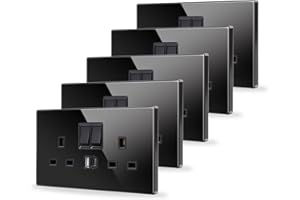 JIMEIDA 5 Pack Double Switched Socket Black 20W Fast Charging 13 Amp with USB A and Type C Charging Ports Crystal Glass Panel Wall Outlet