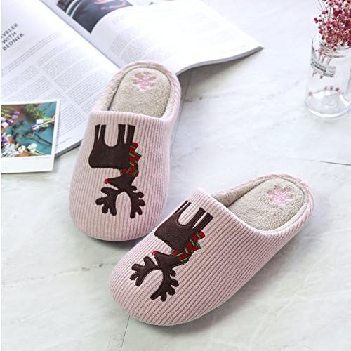Cunguang Simple embroidery, Christmas elk, autumn and winter thick home slippers, rubber soles, anti slip soles, warm lovers,S (36-37 code),Pink slippers
