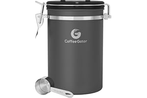 Coffee Gator Coffee Canister Airtight 1900 mL, Stainless Steel Kitchen Food Storage Container with Date Tracker, CO2 Valve, Scoop for Grounds Coffee, Beans,Tea, Sugar, Flour, Snacks