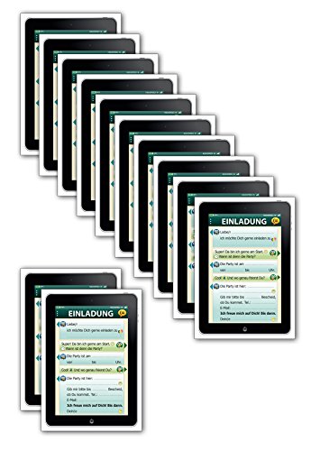 12-er Kartenset mit Einladungskarten im Tablet-, Handy-, Smartphone-Look mit Smileys, Emojis bzw. Emoticons – Witziges SMS-Chat-Fenster für die Kinder-Geburtstags-Party - 4