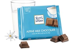 RITTER SPORT-Lait des Alpes Tablette 100 g, Chocolat au lait entier avec une fine note de miel et de caramel, A emporter partout-Boite de 12 tablettes
