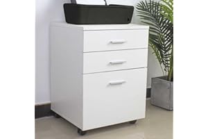 BAKAJI Cassettiera Mobile Scrivania Mobiletto Porta Stampante in Legno MDF con 3 Cassetti e 4 Ruote Girevoli Design Moderno Arredamento Casa Ufficio Dimensione 46,5 x 45 x 64 cm (Bianco)
