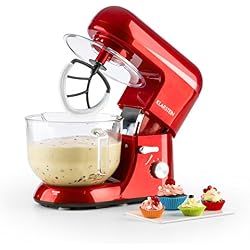 Klarstein Bella Rossa 2G - robot de cuisine , mélangeur , pétrin , 1200 W , 5,2 l , 6 vitesses , pétrin à planétaire , bol en verre , fixation rapide , fouets moulés , fouets à neige , rouge