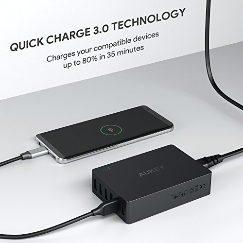 AUKEY Quick Charge 3.0 Caricabatterie USB da Muro 6 Porte 60W Caricatore USB per Samsung Galaxy S8 / Note 8, LG G5 / G6, Nexus 5X / 6P, HTC 10, iPhoneÂ XÂ /Â 8Â /Â 8Â Plus, iPad, Smartphone e Tablet ecc.