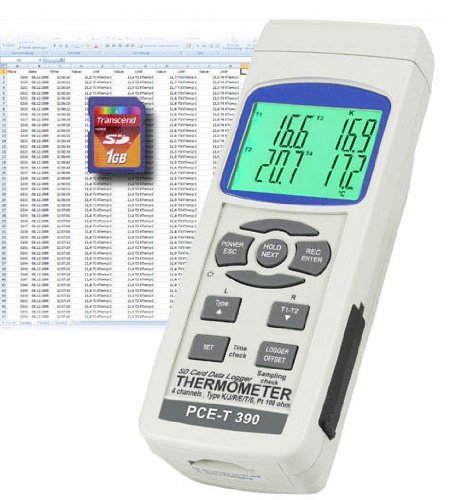 PCE Instruments PCE-T390 4-Kanal Datenlogger / Temperaturmessgerät / Temperaturmesser / Thermometer für K, J und Pt100 Fühler, Speicher, Schnittstelle