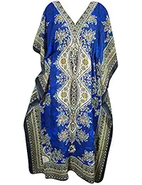 Indiatrendzs Womens Caftans Nighty Light Viscose Dashiki Kaftan Maxi Dress Dori At Waist 56" (BLUE)