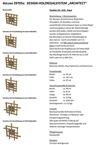 doLuxe 29705e Flexibles Designer Wandregal mit 680 Möglichkeiten, CD DVD Regal offen zum Aufhängen, Schweberegal, Holz, natur, 97.00 x 16.00 x 97.00 cm - 4