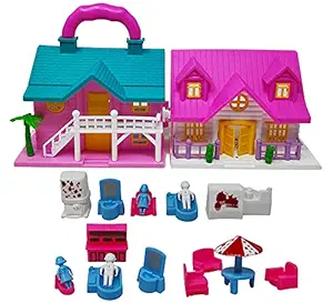 TANMAN TOYS Plastic Foldable 2 Rooms Deluxe Doll House Play Set with Doll and Furniture for Girls Kids | Multi Color