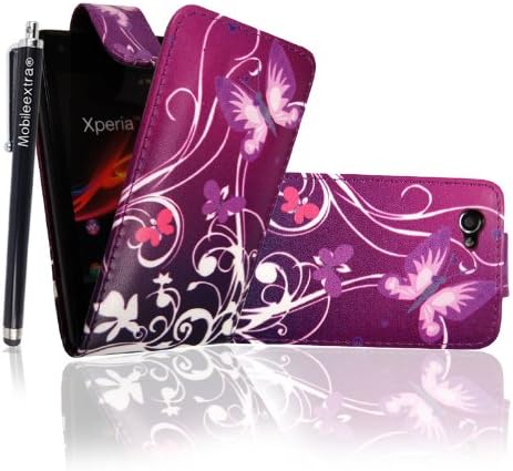 For Sony Xperia M C1904/C1905 Ultra Butterfly On Purple Printed Pouch PU Leather Magnetic Flip Case Cover + Screen Guard