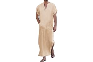 YAOHUOLE Men's Loose Linen V-Neck Short Sleeve Lounge Robes Dresses with Pockets