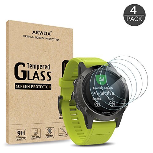 AKWOX [4 Unidades] Protector de Pantalla para Garmin Fenix 5 [9H Dureza] Cristal Vidrio Templado para Garmin Fenix 5 Cristal Templado-NO para Fenix 5s/5x