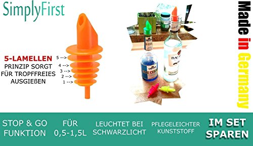 16 Ausgießer neon mit 5 weichen Lamellen tropffrei und STOP & GO Funktion, für Flaschen 0,5-1,5L, Gastro Qualität in Neon Farben by SimplyFirst MADE IN GERMANY (Inhalt: 4 orange, 4 gelb, 4 grün, 4 magenta) - 3