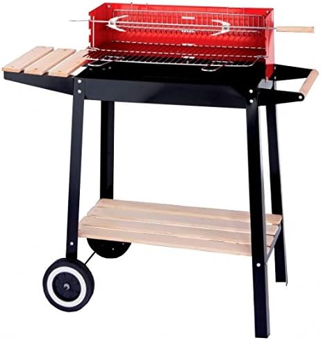Charcoal Barbecue Cart with Wooden Shelves and Wheels