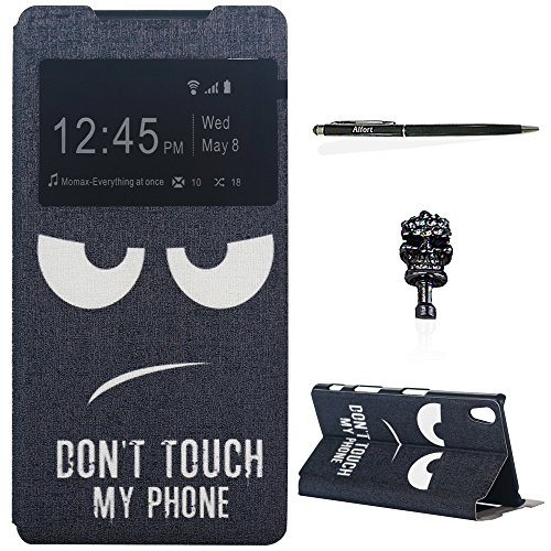Sony Xperia Z5 Schutzhülle Leder Hülle, Alfort 3 in 1 Flip Fashion Design Dual Use Falten Premium PU Leder Tasche Case Cover Flip Fenster Window Touch Screen für Sony Xperia Z5 5.2" Smartphone Funktion Standfunktion Unterstützte Telefone mit Schwarze Augen ( Schwarz ) + Netter Staub Stecker + Alfort Schwarz Stylus Pen