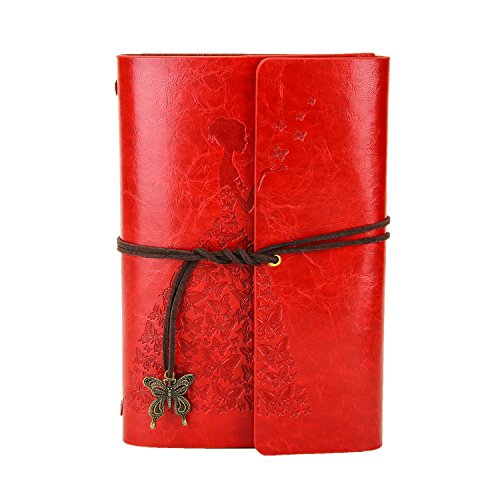XIUJUAN Libreta Bonitas Hojas Blancas Cuaderno de Viaje Bloc Notas Cuero Vintage entre A6-A5, Regalo Originales Navidad San Valentín Cumpleaños Aniversario Boda para Mujer, Bariposa Niña Rojo Pequeño