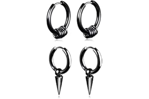 GULCEAN Mens Hoop Earrings With Cross Feather Cone Ball Chain Dangle Black Silver 316L Stainless Steel Punk Hip Hop Rock Gothic Style Kpop Asymmetric Earrings For Men Women