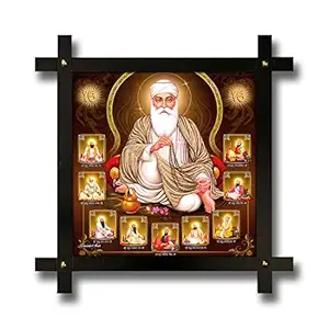 Poster N Frames Cross Wooden Frame Hand-Crafted with Photo of Dus Guru with Guru Nanak (16.5x16.5 inch, 42x42 cm, 10)